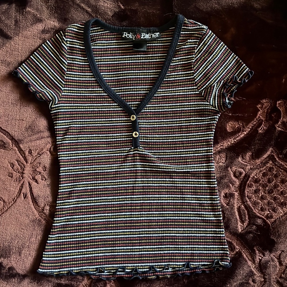 Ruffled shirt with navy blue, yellow and white stripes.